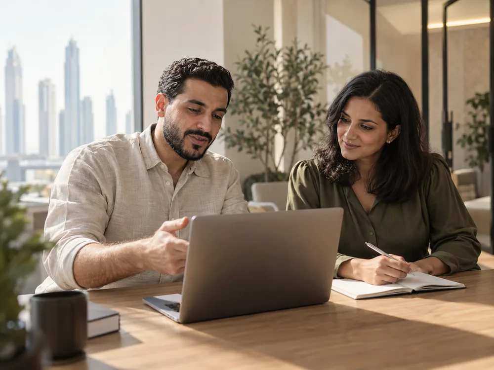 Two colleagues working through a plan together at a laptop